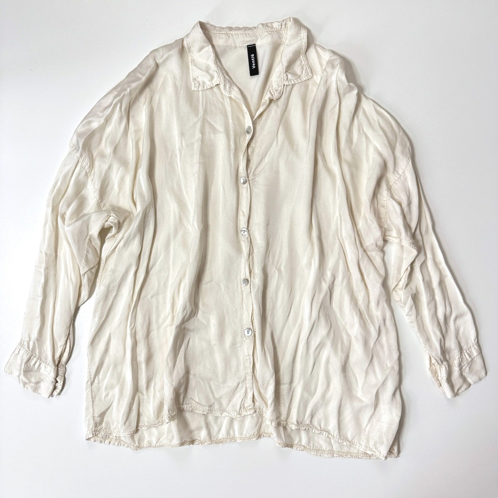 Venti6 Italy Women's Ivory‎ Silky Oversized Button Down Shirt Loose Fit Top